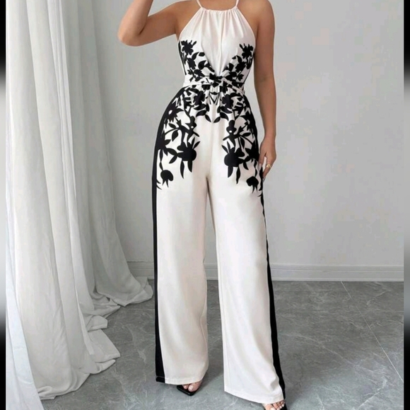 Spaghetti Strap Floral Print High Waist Loose Straight Wide Leg Jumpsuit - Picture 4 of 4